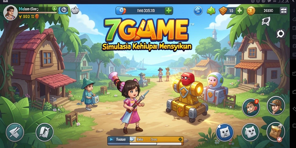 Tampilan gameplay 7GAME dengan karakter yang berinteraksi dinamis.