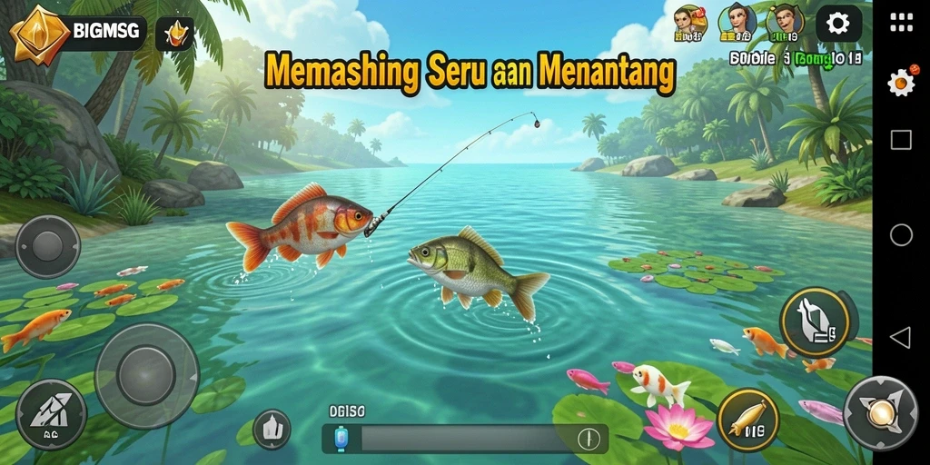 Screenshot menunjukkan aksi memancing intens di lokasi yang indah.