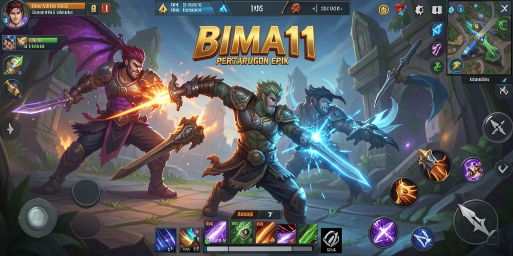 Screenshot BIMA11 menunjukkan aksi pertarungan tim yang intens dalam game MOBA.