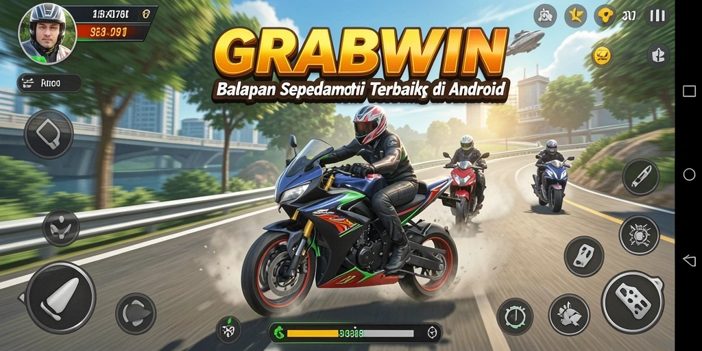 Tampilan gameplay mendebarkan dari balapan sepeda motor di GRABWIN.